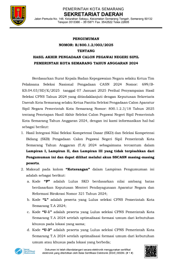 Hasil Akhir Pengadaan Calon Pegawai Negeri Sipil Pemerintah Kota Semarang Tahun Anggaran 2024